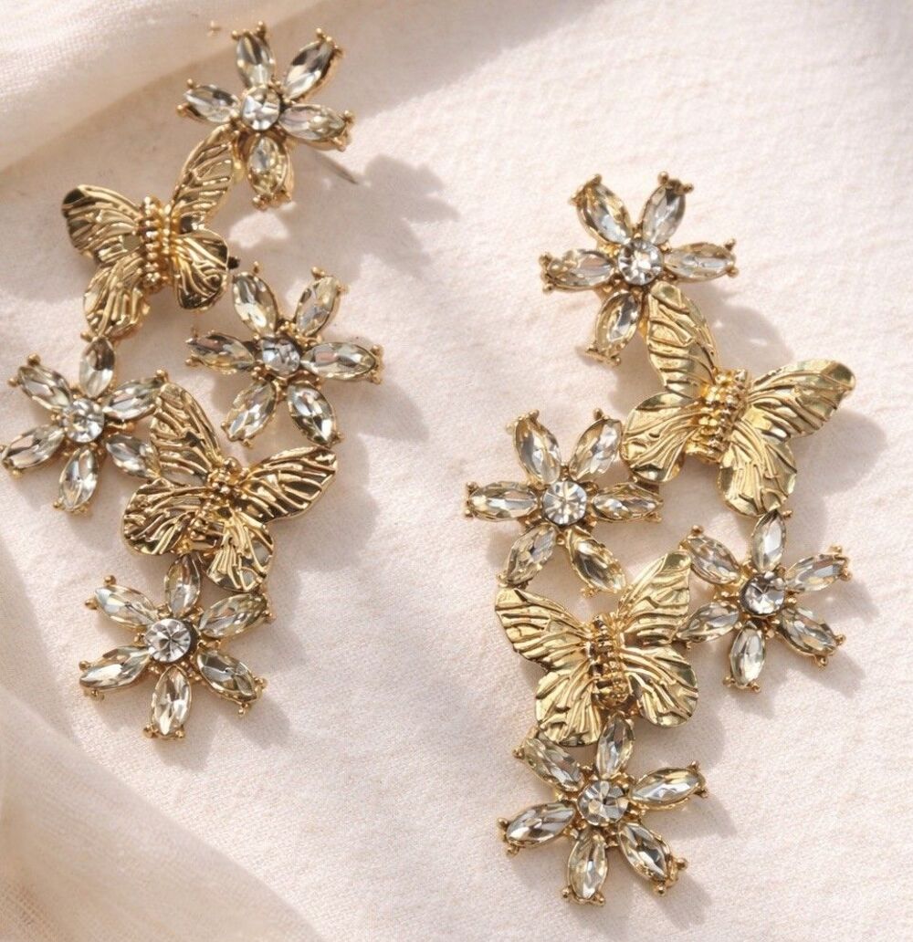 Vintage Gold Butterfly Flower Rhinestone Statement Earrings Floral Drop Dangle